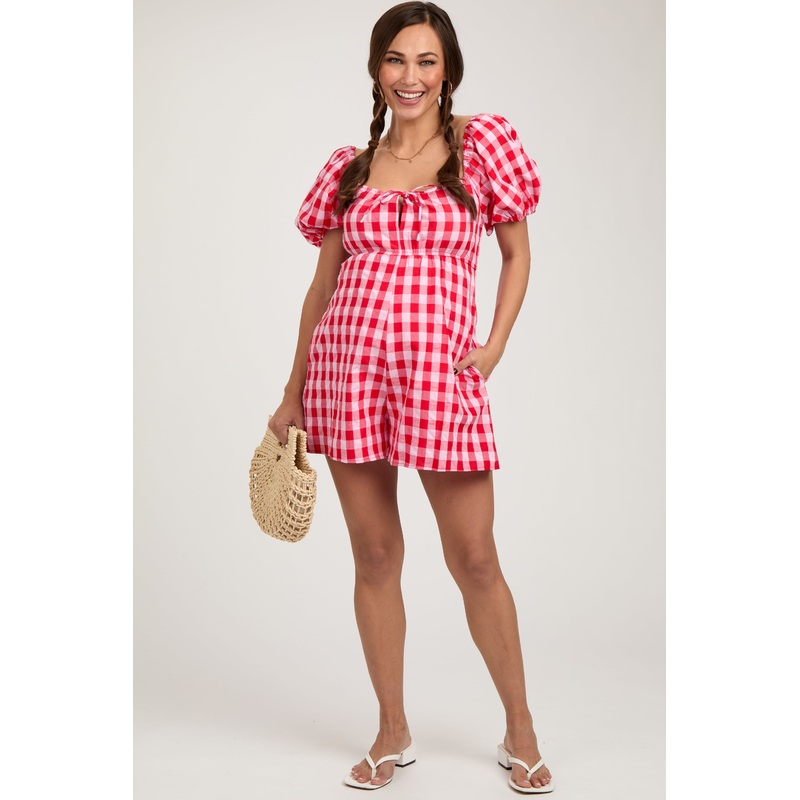 Red Gingham Cutout Maternity Romper