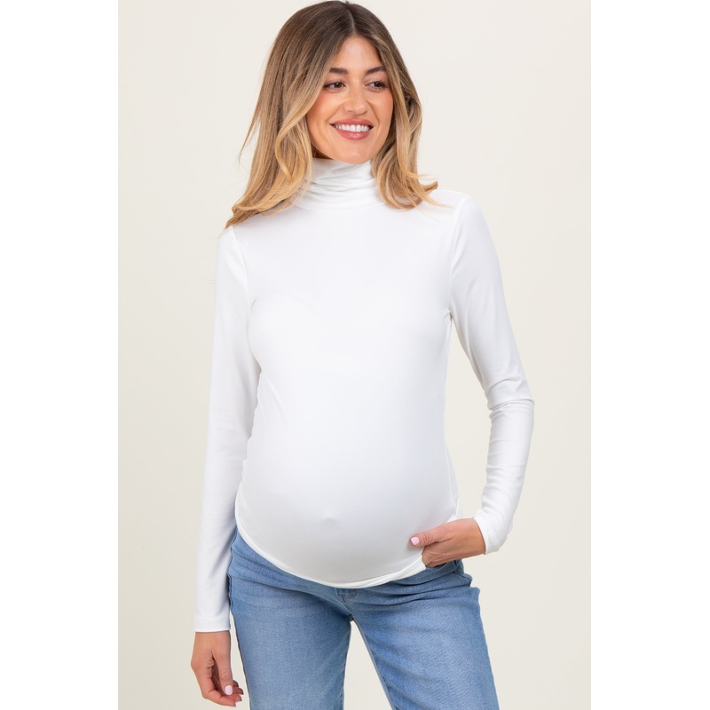 White Brushed Knit Basic Turtleneck Maternity Top