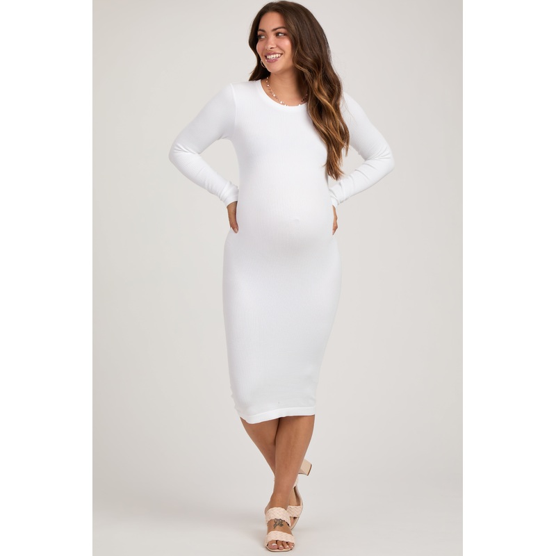 White Ribbed Maternity Seamless Fitted Dress