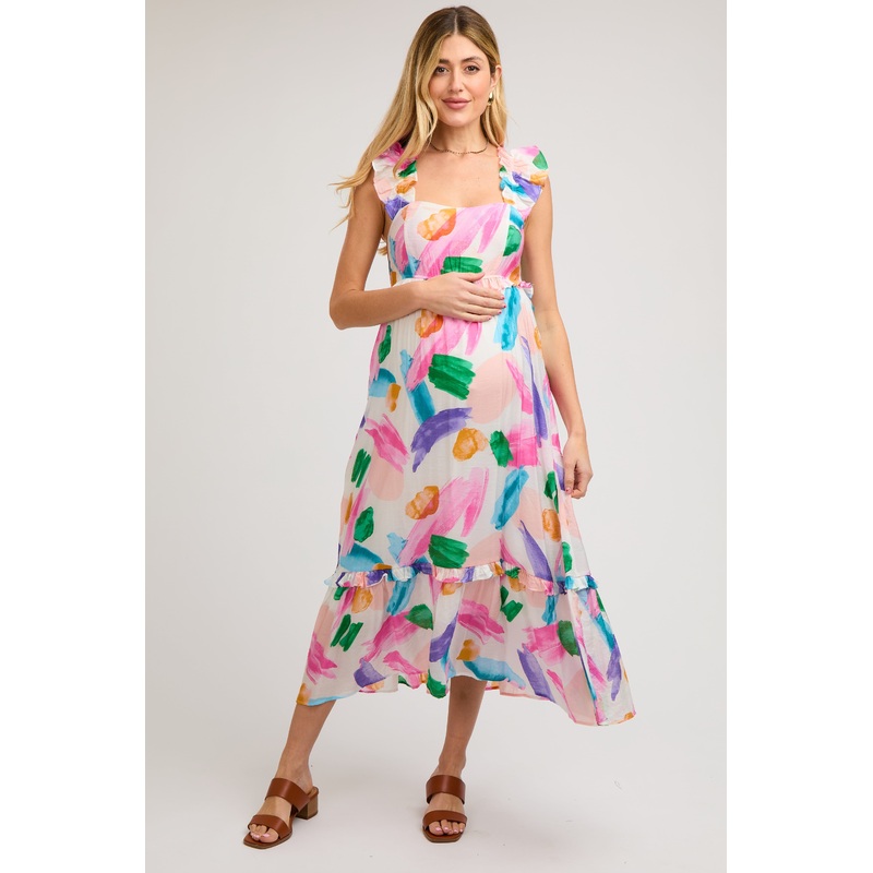 White Watercolor Print Ruffle Accent Maternity Midi Dress