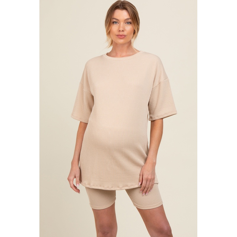 Beige Ribbed Maternity Biker Shorts Set