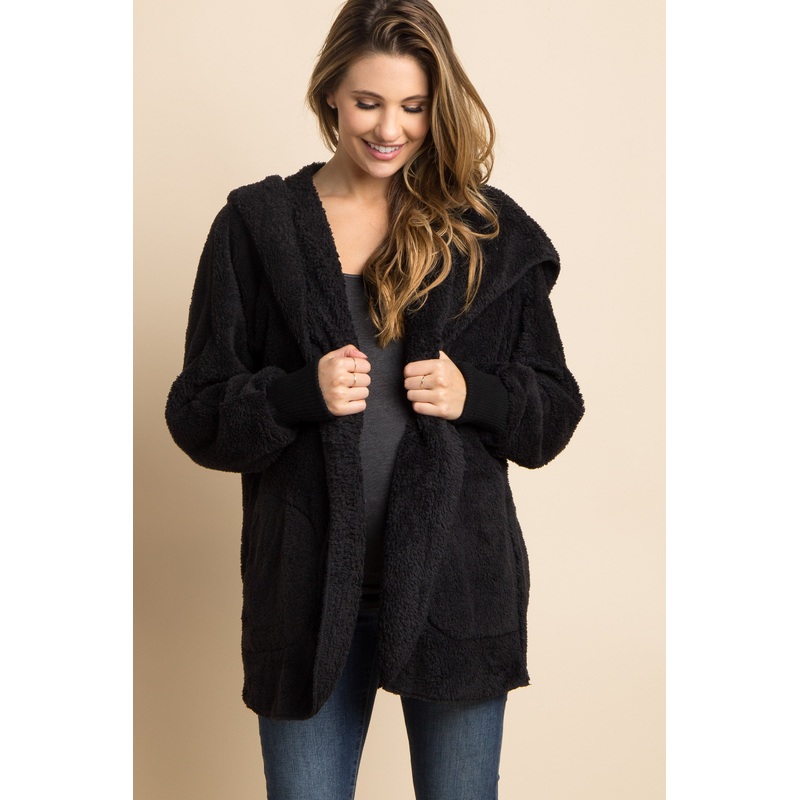 Black Fuzzy Hooded Long Sleeve Maternity Jacket