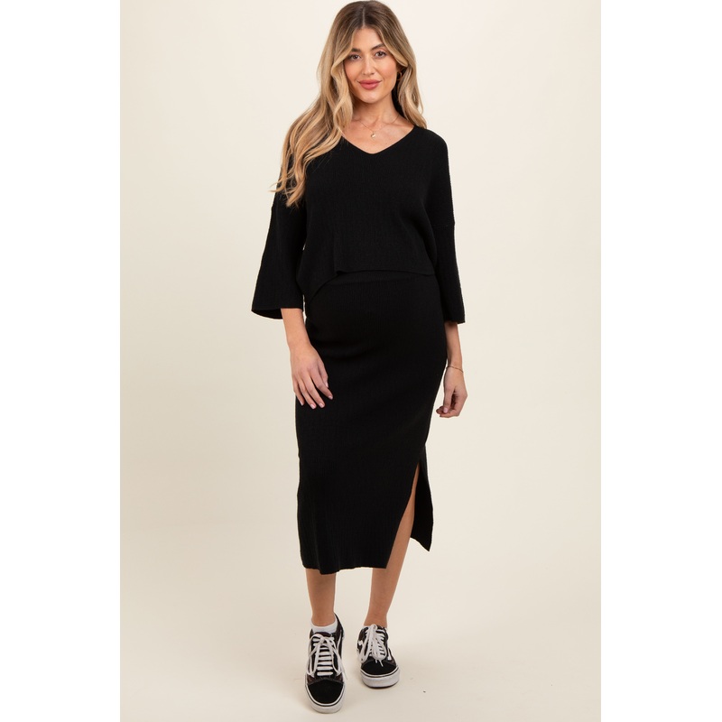 Black V-Neck Knit Maternity Skirt Set