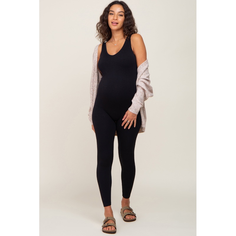Black V-Neck Seamless Ribbed Fitted Maternity Jumpsuit