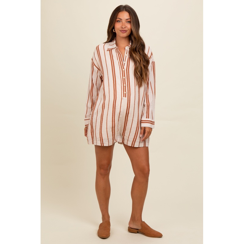 Camel Striped Button Down Maternity Romper
