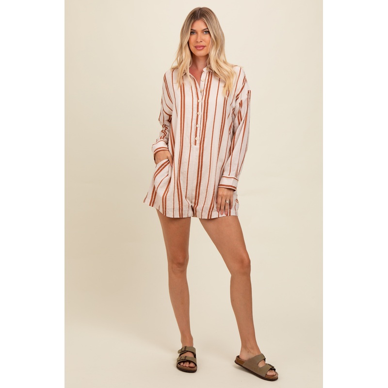 Camel Striped Button Down Romper