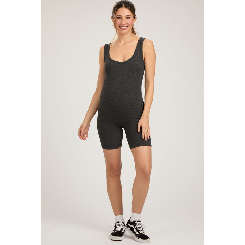 Charcoal Sleeveless Ribbed Biker Short Maternity Romper
