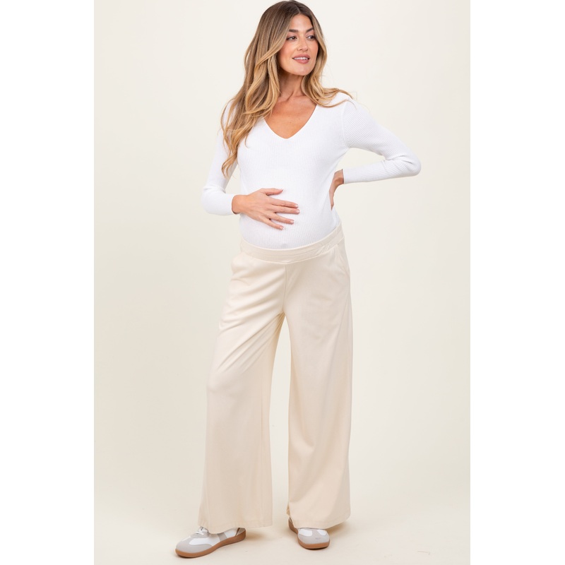 Cream Brushed Knit Wide Leg Maternity Pants