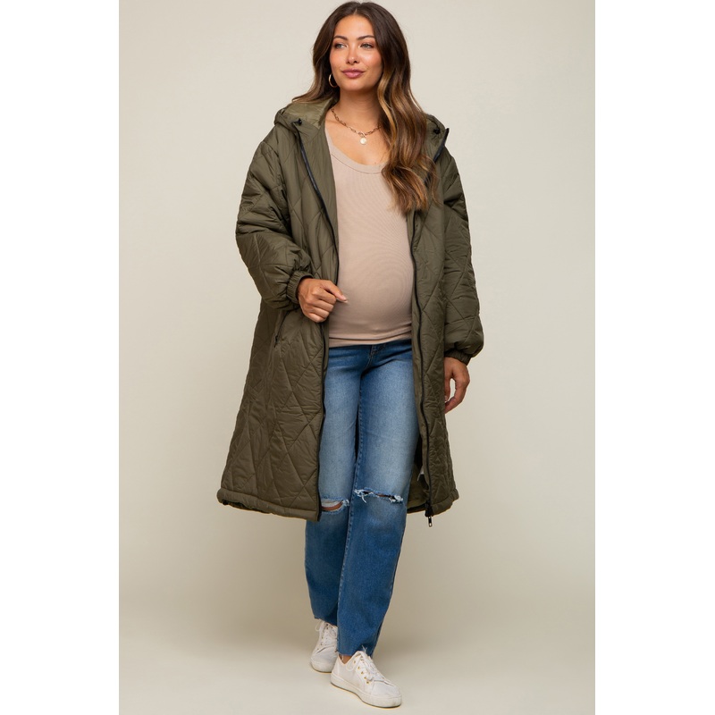 Olive Quilted Long Maternity Puffer Jacket