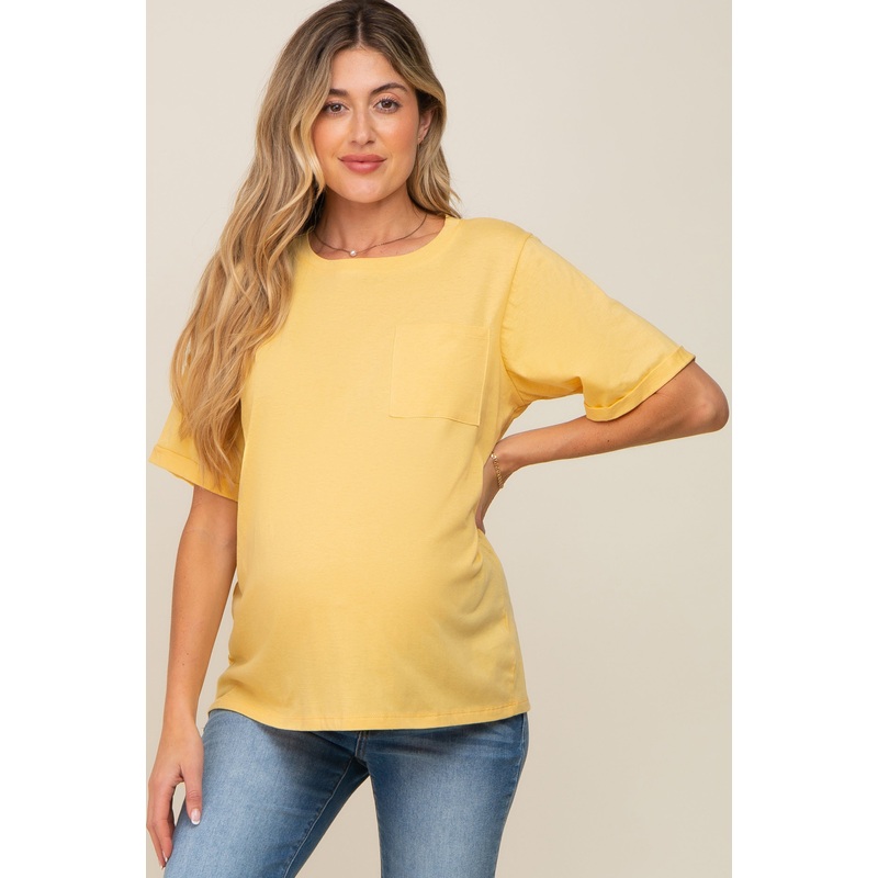 Yellow Oversized Pocket Front Short Sleeve Maternity Top