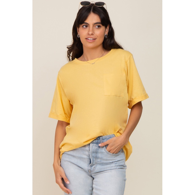 Yellow Oversized Pocket Front Short Sleeve Top