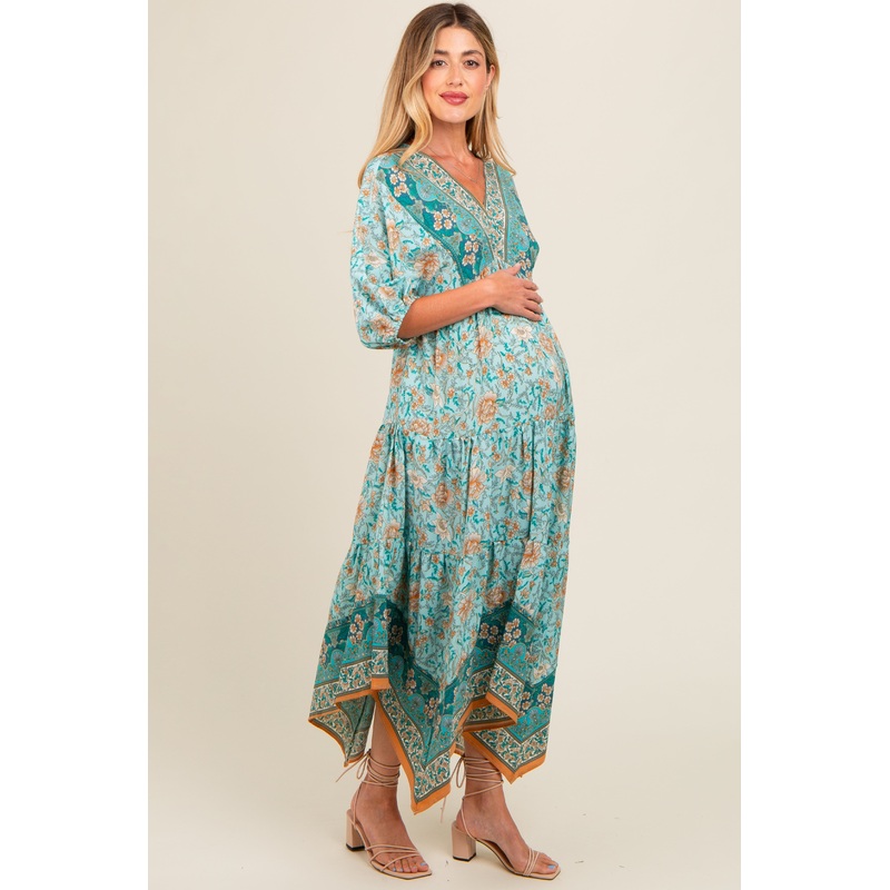 Aqua Floral Border Print V-Neck Tiered Maternity Midi Dress