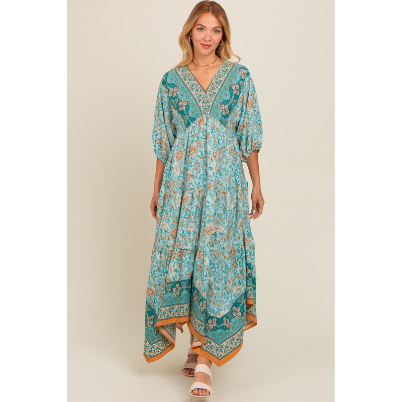 Aqua Floral Border Print V-Neck Tiered Midi Dress