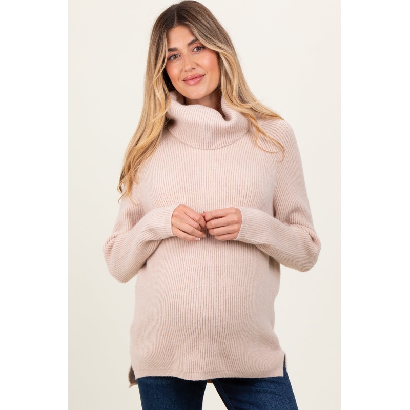 Beige Basic Ribbed Turtle Neck Maternity Sweater