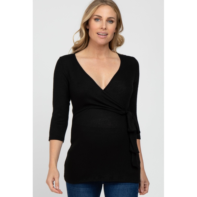 Black Brushed Knit Maternity Wrap Top