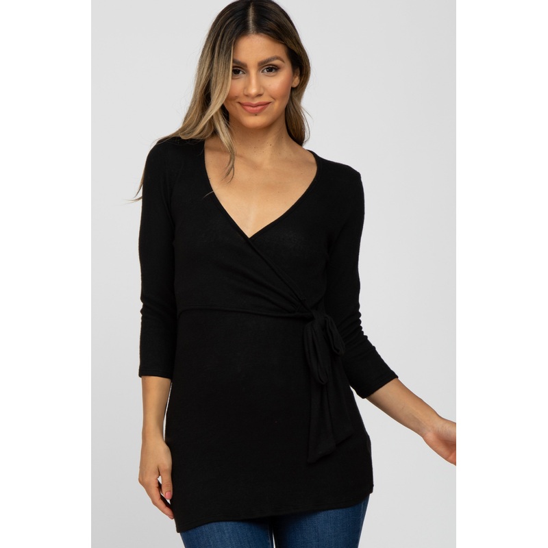 Black Brushed Knit Wrap Top