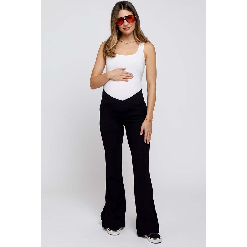 Black V-Waist Ribbed Bootcut Maternity Leggings