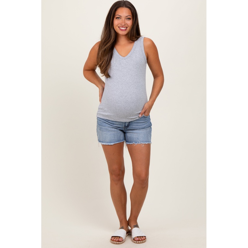 Blue High Rise Frayed Hem Maternity Denim Shorts