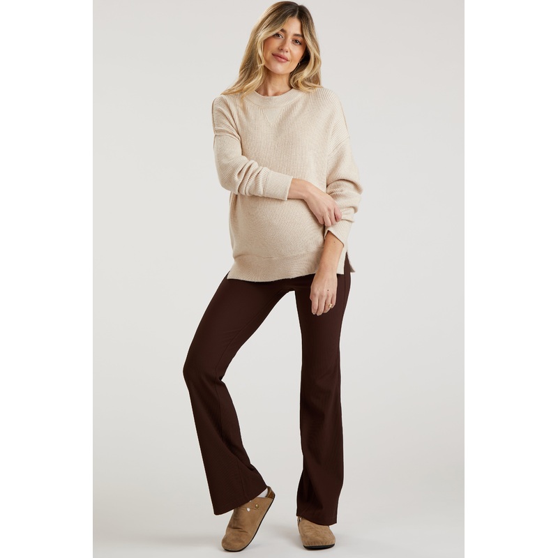 Brown Ribbed Maternity Flared Leggings