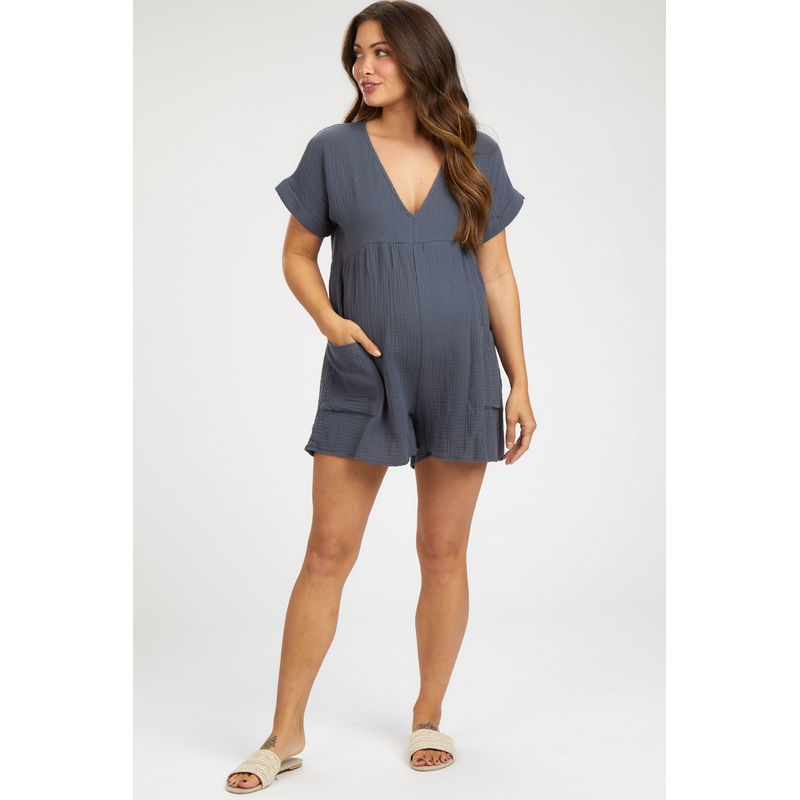Charcoal Gauze Short Sleeve Maternity Romper