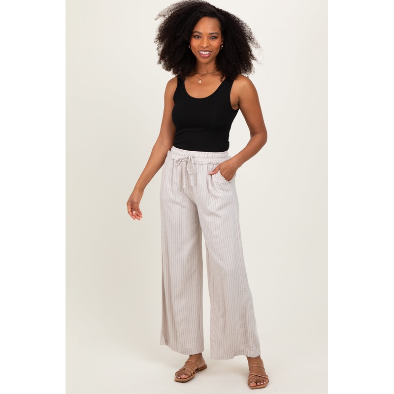 Cream Striped Drawstring Linen Blend Wide Leg Pants