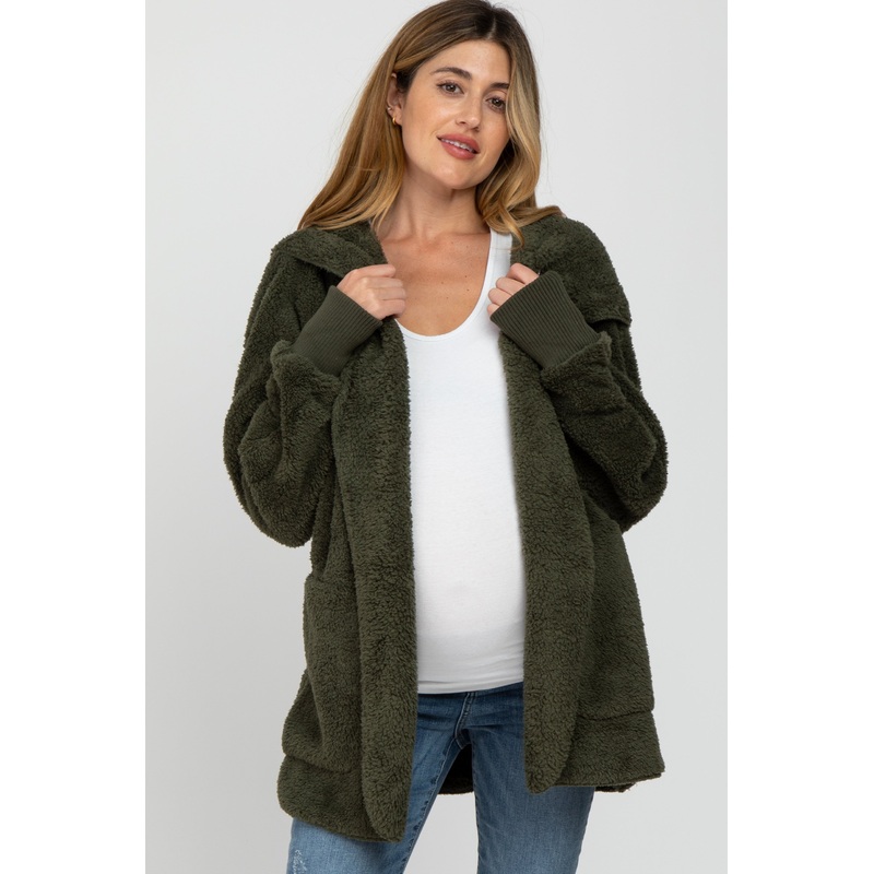 Olive Fuzzy Hooded Long Sleeve Maternity Jacket