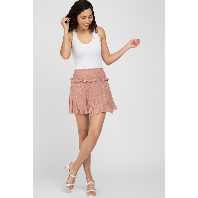 Pink Floral Smocked Mini Skirt