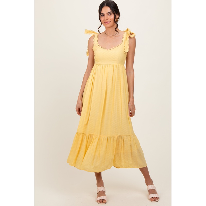 Yellow Scallop Trim Shoulder Tie Midi Dress
