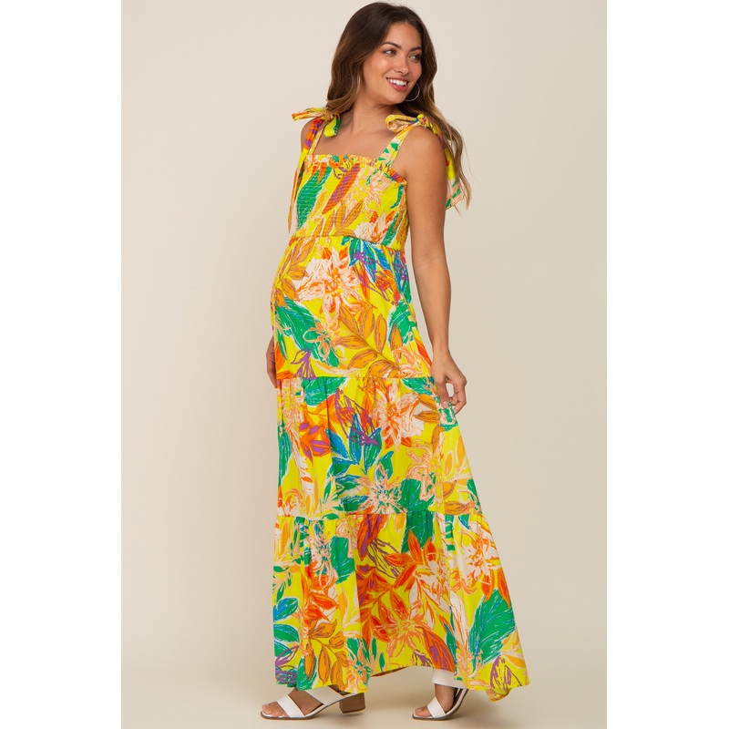 Yellow Tropical Print Smocked Tie Sleeve Maternity Maxi Dress
