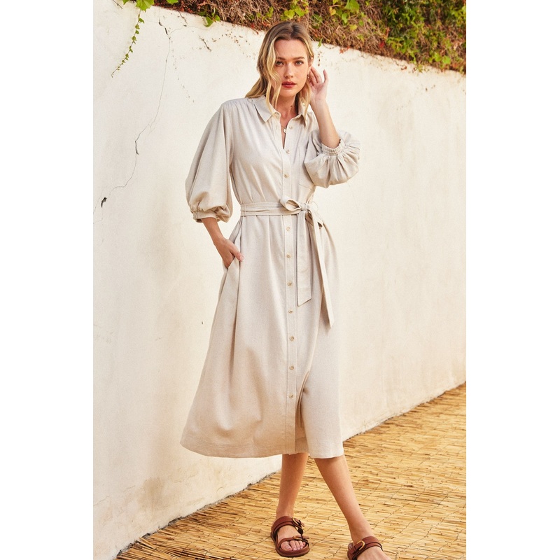 Beige 3/4 Bubble Sleeve Midi Shirt Dress