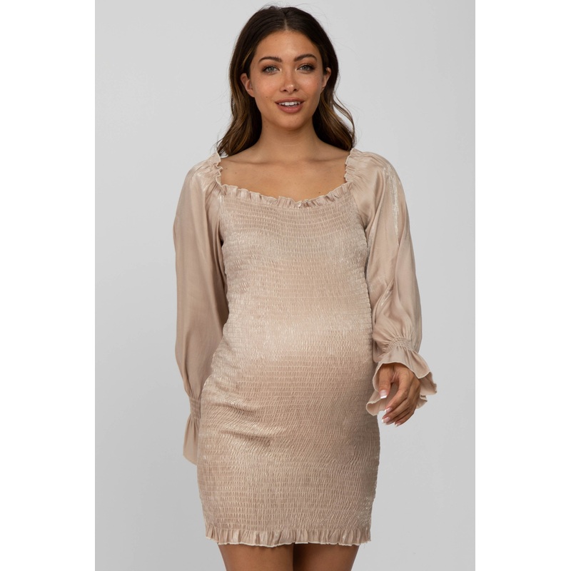 Beige Metallic Smocked Ruffle Accent Maternity Fitted Dress