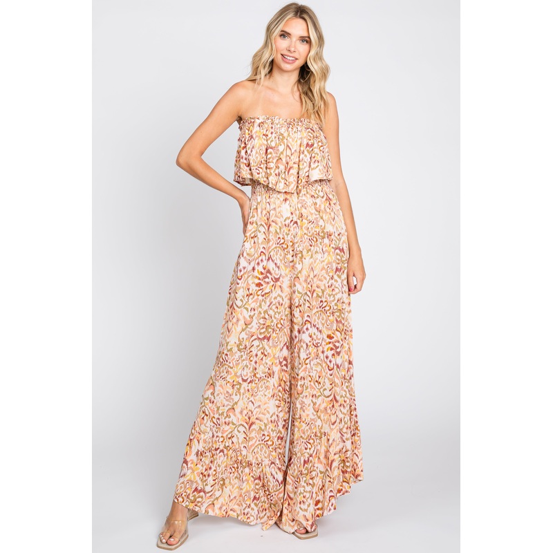 Coral Strapless Ruffle Overlay Jumpsuit