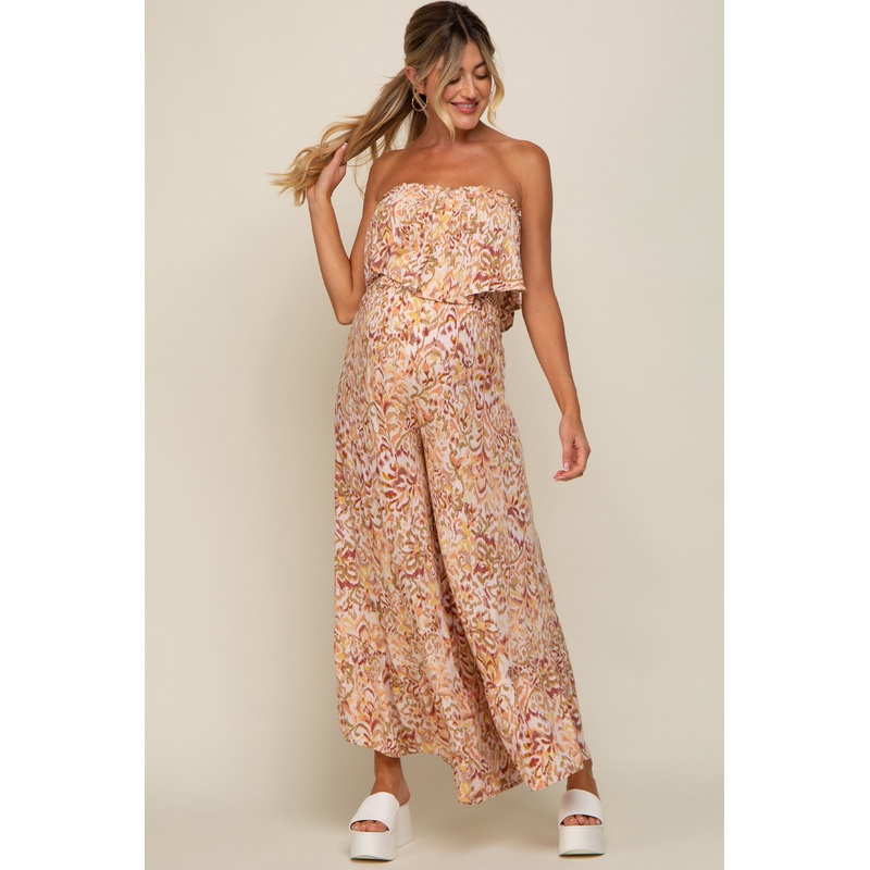 Coral Strapless Ruffle Overlay Maternity Jumpsuit