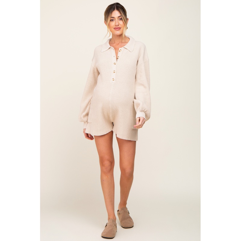 Cream Button Down Maternity Sweater Romper