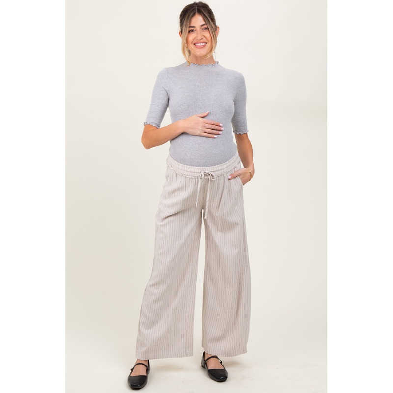 Cream Striped Drawstring Linen Blend Maternity Wide Leg Pants