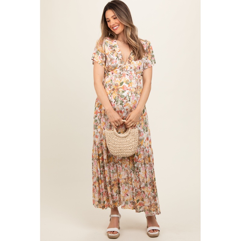White Floral V-Neck Ruffle Maternity Maxi Dress