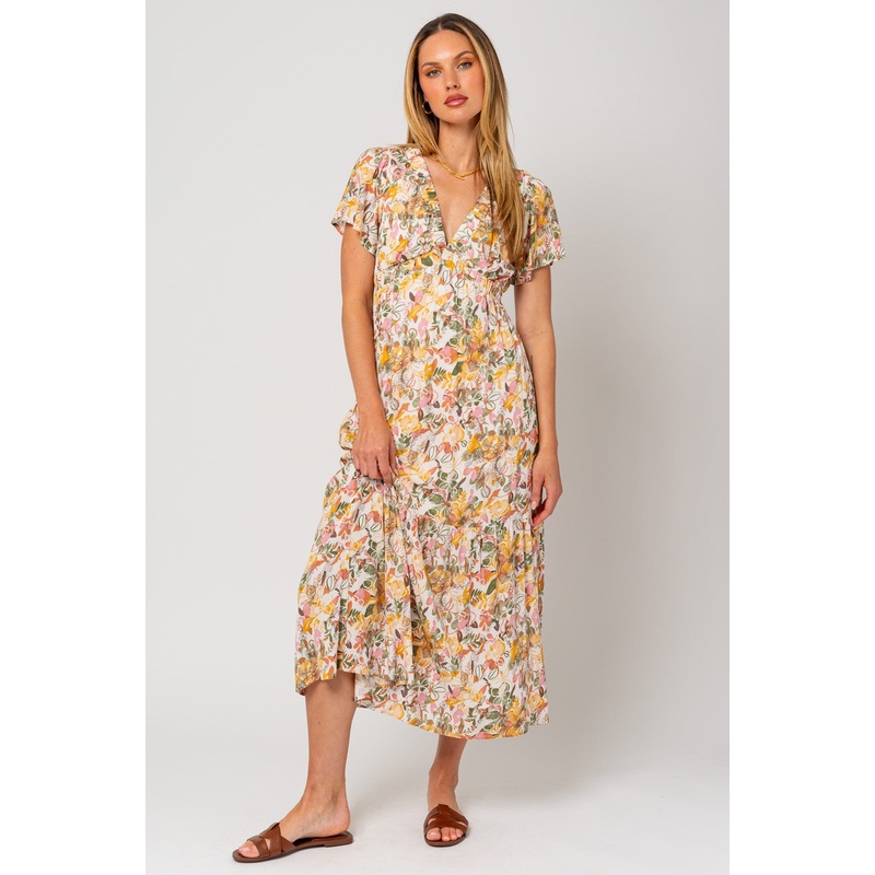 White Floral V-Neck Ruffle Maxi Dress