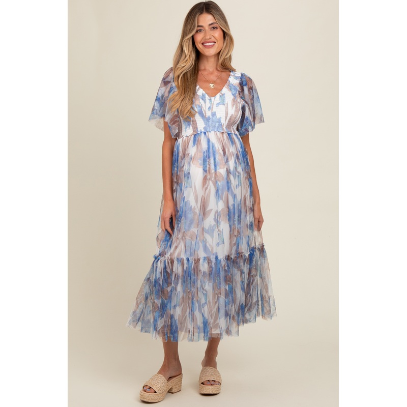 White Leaf Print Mesh Smocked Maternity Midi Dress