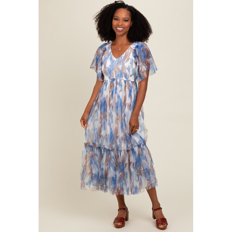 White Leaf Print Mesh Smocked Midi Dress