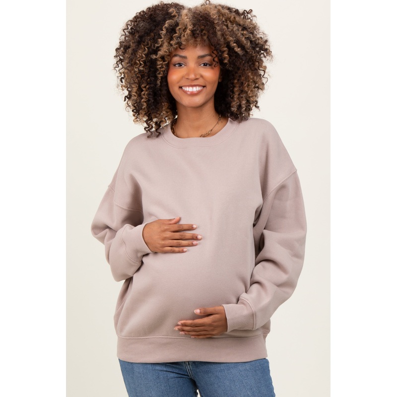 Beige Basic Fleece Crewneck Maternity Sweatshirt