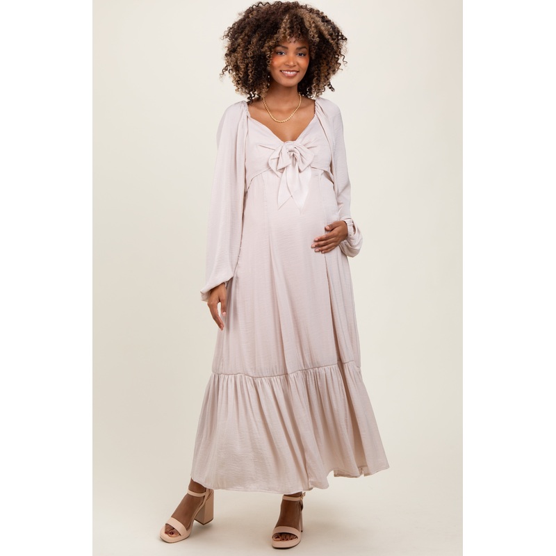 Beige Bow Satin Maternity Maxi Dress
