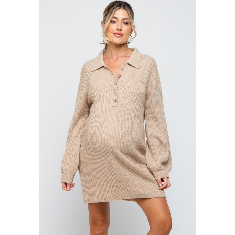 Beige Collared Button Front Maternity Sweater Dress