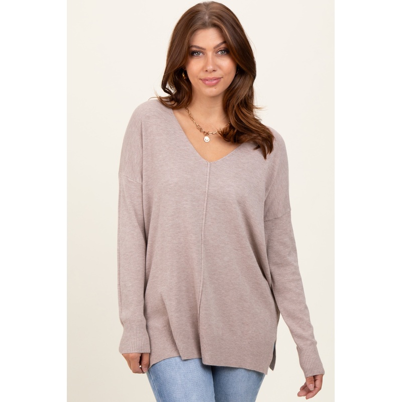 Beige Front Seam V-Neck Side Slit Sweater