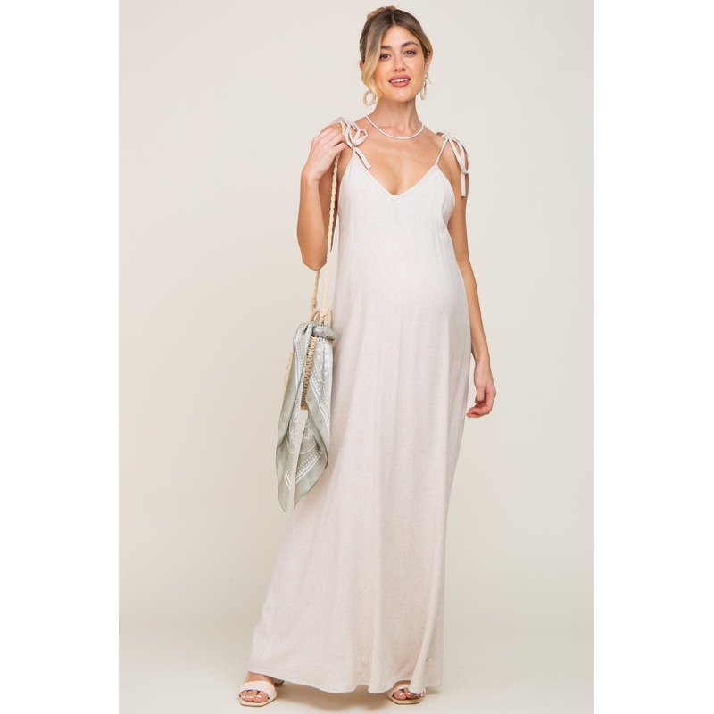 Beige Linen V-Neck Tie Strap Maternity Maxi Dress