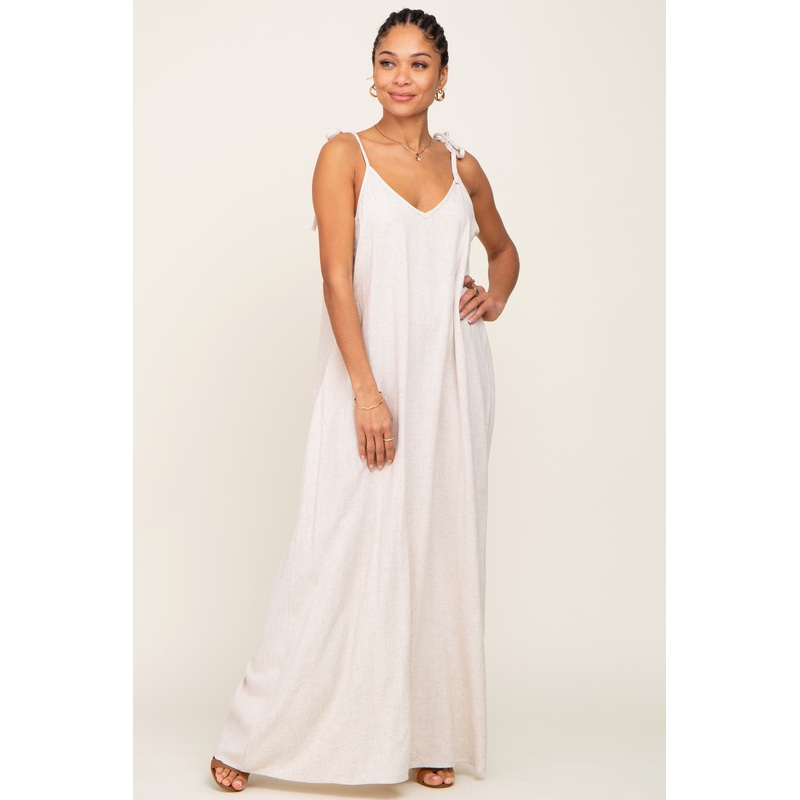 Beige Linen V-Neck Tie Strap Maxi Dress