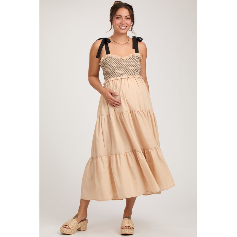 Beige Sleeveless Tiered Colorblock Strap Maternity Maxi Dress