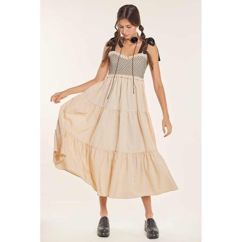 Beige Sleeveless Tiered Colorblock Strap Maxi Dress