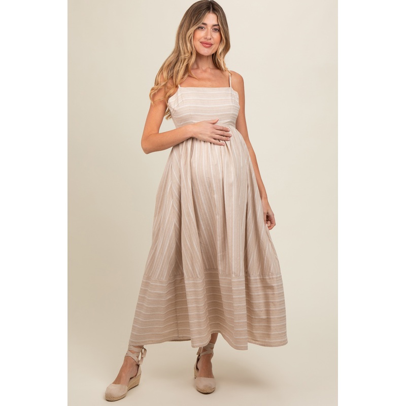 Beige Striped Cutout Back Maternity Maxi Dress