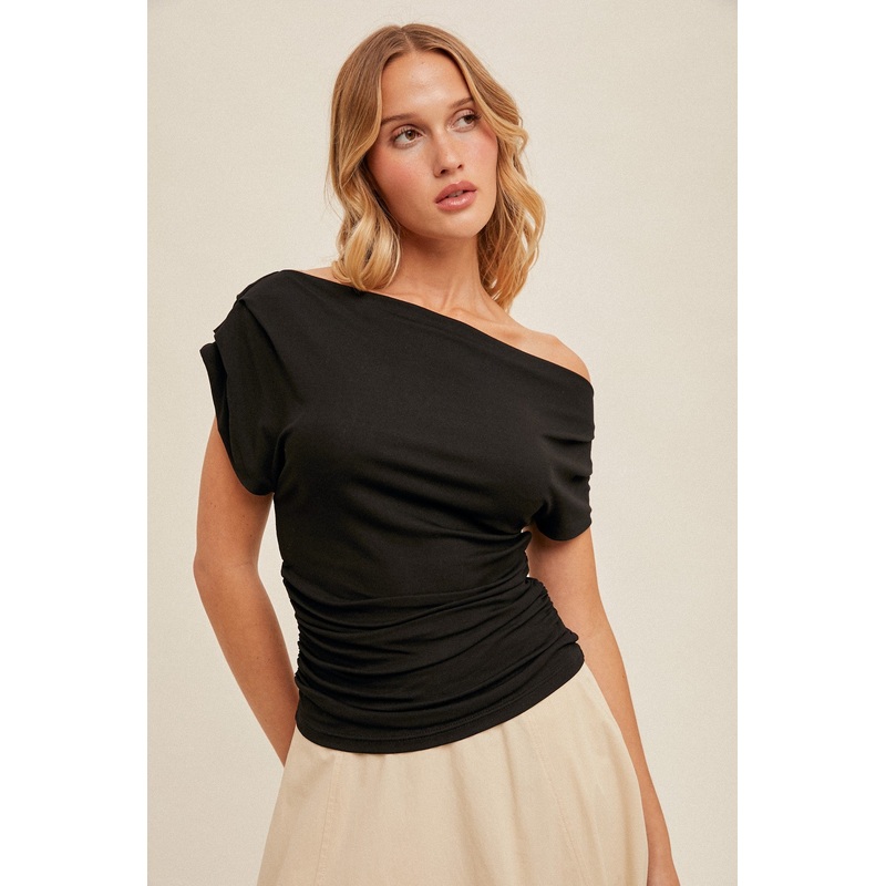 Black Asymmetrical Neck Line Ruched Knit Top