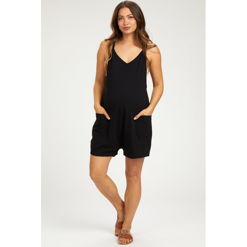 Black Basic V-Neck Maternity Romper